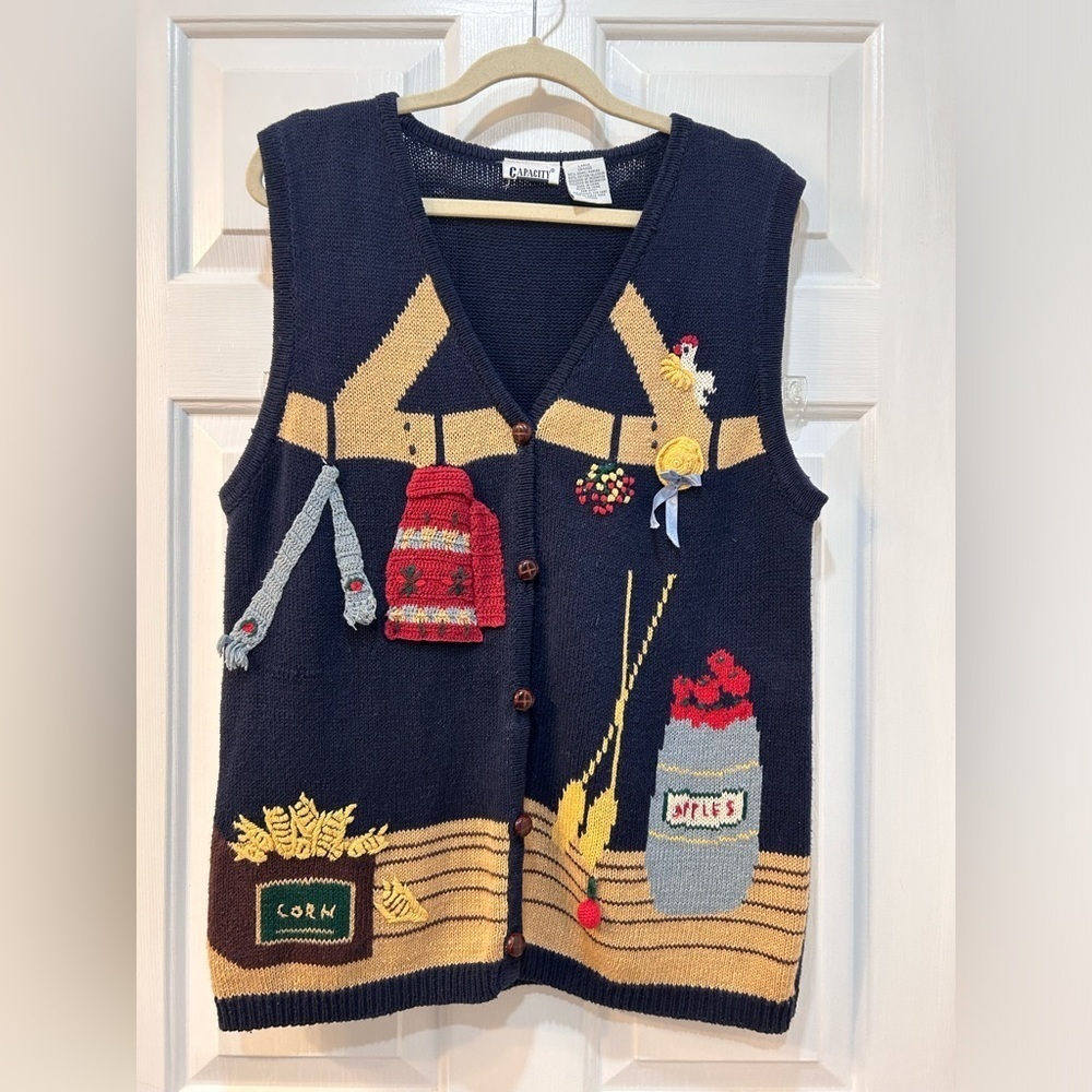 Capacity Vintage 80’s Ramie Cotton Farm Vest Sz L Chicken Apple Granny Teacher